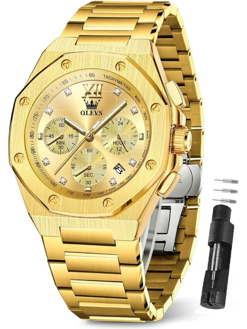 Men's Gold Luxury Stainless Octagon Analog Quartz Chronograph Waterproof Watch